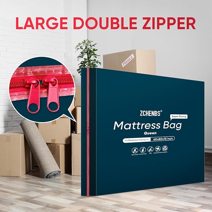 ZCHENBS® – Mattress Bags for Moving and Storage,Mattress Bag with Zippers,5 Mil Ultra-Thick Bed Bag,Waterproof,Anti-Tear,Heavy-Duty Mattress bag (Black, Queen-(2 Pack))