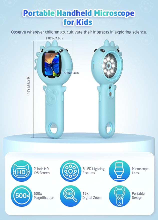 2-in-1 Microscope Camera for Kids, Mini Handheld Microscope Supporting Multiple Viewing Angles, Outdoor Educational Science Adventure Toys, Birthday Gifts for 3-10 Years Old Boys Girls, Blue Dinosaur