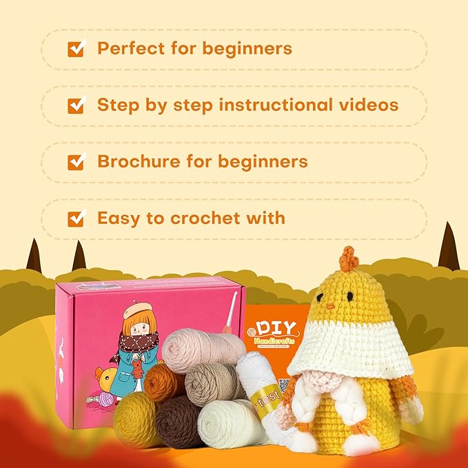 RoseFlower Crochet Kit for Beginners, Crochets Starter Kits with Step-by-Step Video Tutorials, DIY Craft Knitting Crochet Animals Set for Kids Adult - 2 Pack Chicken Sheep