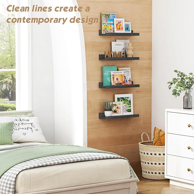 Forbena Black Floating Shelves for Wall with Lip Set of 4, Small Picture Ledge Shelf for Living Room Bedroom Books, Wood Wall Mounted Shelves for Bathroom Decor Entryway Kitchen Storage (Black)