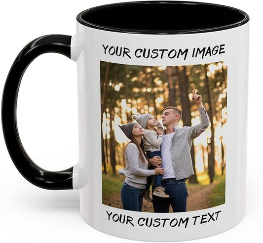 Personalized Coffee Cup with Photo, Logo or Text - Custom Both Sides Printed Mug for Him & Her - Unique Customized Gifts with Names - White/Black