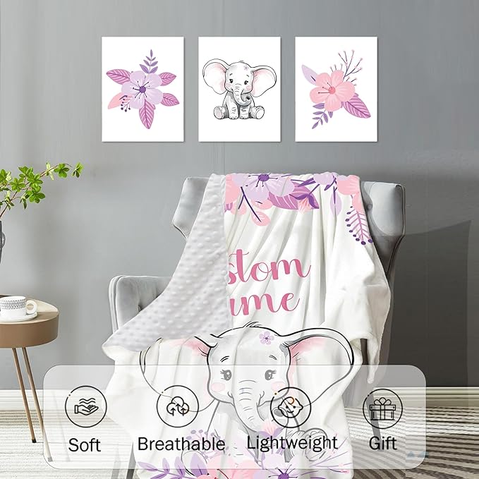 Personalized Nursery Crib Bedding Set: Custom Name Purple Flower 5 Piece Baby Crib Sets with Elephant Design - Toddler Double Layer Blanket Set, Comfortable Crib Bed Sheets for Baby Grils