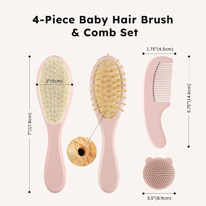 Yoofoss 4 Piece Baby Hair Brush and Comb Set，Wooden Baby Hair Brush with Natural Ultra Soft Goat Hair, Baby Comb Set for Boy, Girl - Pink