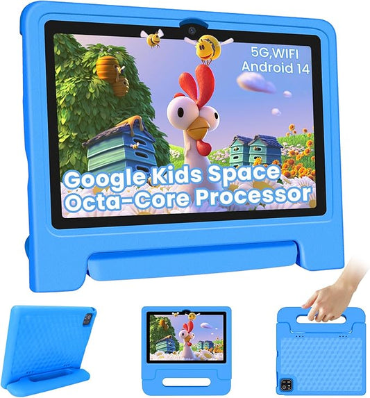 Kids Tablet 10.1 inch Android 14 Octa-Core 64GB 6000mAh Kids Space Parental Control 1280 * 800 HD Touchscreen Shockproof Case Dual Camera Gift for Toddler Children (Blue)