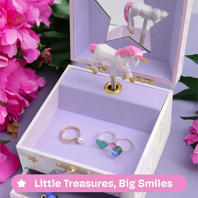 Jewelkeeper Enchanting Unicorn Musical Jewelry Box for Girls - Sparkling Rainbow Design Music Box with 2 Pullout Drawers to Store Earrings, Necklace and Bracelets - Plays The Beautiful Dreamer Tune