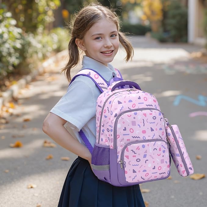 mygreen 3PCS Kids Backpack Set - Waterproof Bookbag with Lunch Box for Girls Ages 3-12, Adorable Cartoon Prints for School & Outdoor Use Pink Dogs