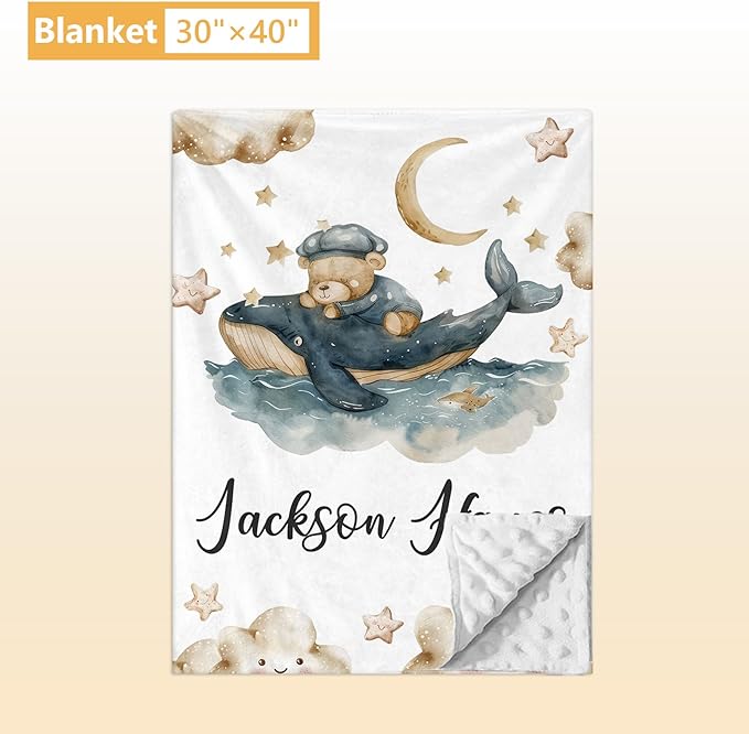 Personalized Baby Bedding Set - 5 Pcs Custom Infants Bedding Set with Infant Name - Double Layer Nursery Crib Set for Girls Boys - Customized Gifts for Toddler Baby Shower - Whales and Bears