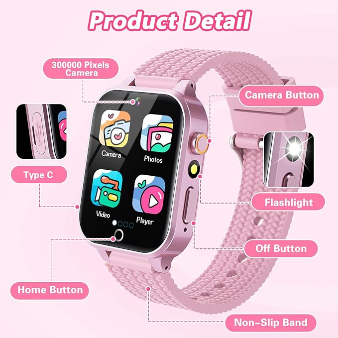 Smart Watch for Kids Girl Gift Ages 3-12, 2 Screen Protector, 26 Puzzle Games, HD Camera Video Music Player Touchscreen Pedometer, Educationtal Toy Brithday Gifts for Girl Ages 4 5 6 7 8 9 10(Pink)