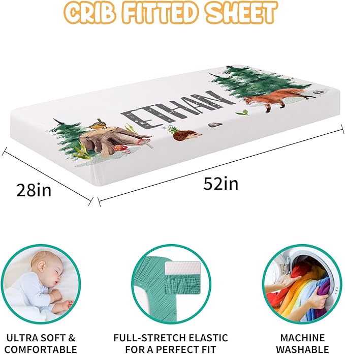 Custom Crib Bedding Set - Woodland Animals Design Personalized Name Baby Nursery Bed 3 Pcs Set - Chic Soft Blanket with Dotted Backing, Sheet, Pillowcase for Newborn Girls Boys Gifts Color13