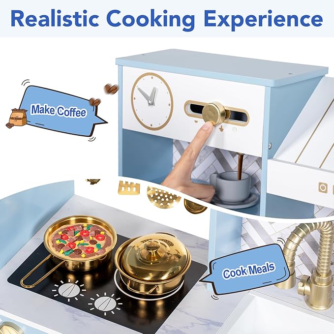 Play Kitchen for Kids, Wooden Children Kitchen Playset w/Coffee Maker, Oven, Stove, Sink, Apron, Ice Maker, Cookware, Kids Toy Kitchen Set for Toddler Girls Boys Pretend Play Toy Gift Ages 3+