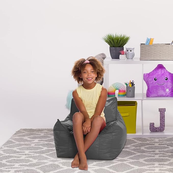 Posh Creations Bean Bag Chair Structured Comfy Seat for Gaming, Reading and Watching TV, for Children, Newport Chair, Nylon - Charcoal Gray