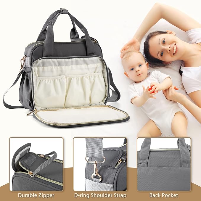 Crossbody Small Diaper Bag, Cute Mini Baby Diaper Tote Bags with Insulated Pockets for Traveling Outdoor Parent,Gray