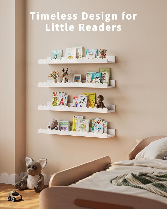 Nursery Book Shelves, 4-Pack White Floating Shelves for Wall Kids, Scalloped Shelves, Wall Book Shelves for Bedroom Kids, Toddler Room, Baby Room, Nursery Decor