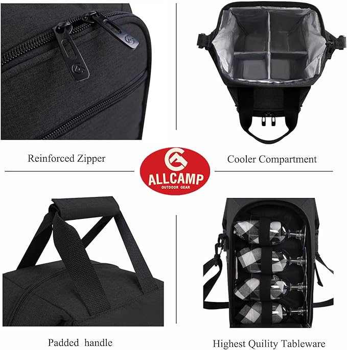 ALLCAMP 4 Bottle Wine Gift Bag - Insulated Tote Cooler, Adjustable Strap, Includes 4 Wine Glasses, Napkins & Corkscrew, Portable Travel Gifting (Black)