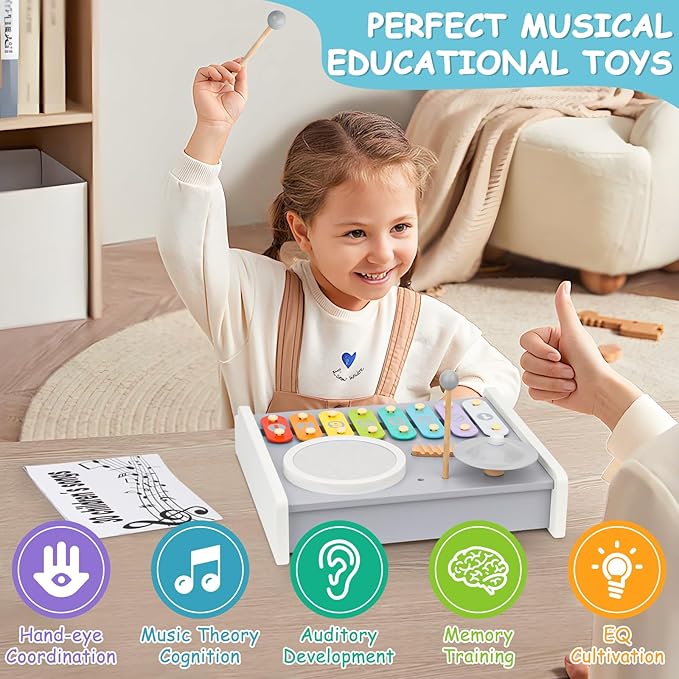 Kids Musical Instruments Piano Drum Set - 5 in 1 Montessori Toys for Toddler Baby, Wooden Music Kit with Piano Keyboard Xylophone, Preschool Educational Sensory Toys, Gifts for Boys Girls 1-8