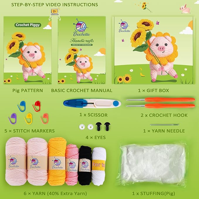 Crochet Kit for Beginners, Crochet Kit w Step-by-Step Video Tutorials, Crochet Starter Kit Learn to Crochet Kits for Adults Kids Beginners, Crochet Kit Pig (40%+ Yarn Content)