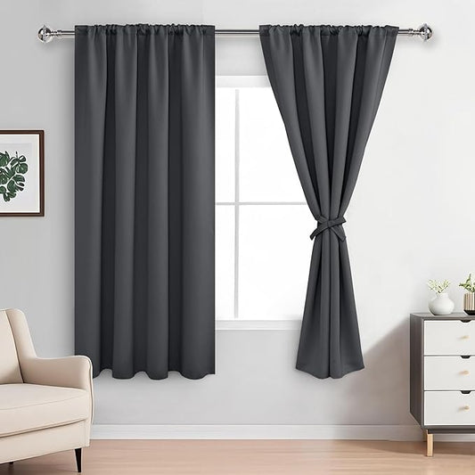 XWZO Blackout Curtains for Bedroom 63 inch Length Room Darkening Thermal Insulated Rod Pocket Curtains for Living Room with Tiebacks,Dark Grey,W42 x L63,Set of 2