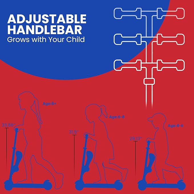 Red and Blue 3 Wheel Scooter with Seat for Kids – Light-Up LED Wheels, Adjustable Handlebar and Seat, Smooth PU Wheels, Wide Anti-Slip Deck, Rear Foot Brake – Toddler Outdoor Toys for Ages 2+