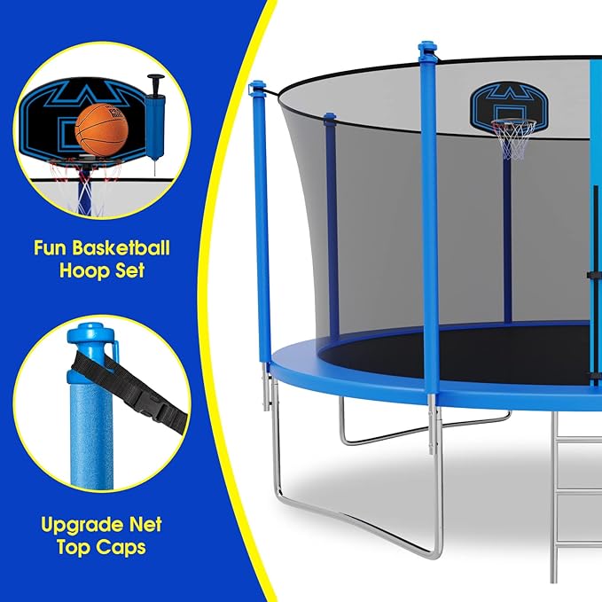 SKYUP Tranpoline 1500LBS 16 15 14 12 10 8 FT Tranpoline for 7-10 Kids and Adults, Windproof Outdoor Tranpoline with Enclosure Net, Basketball Hoop, Easy to Install & Last Long - ASTM Approved