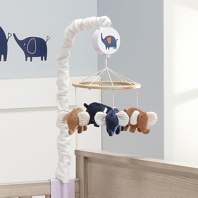 Lambs & Ivy Playful Elephant Blue/White Musical Baby Crib Mobile Soother Toy