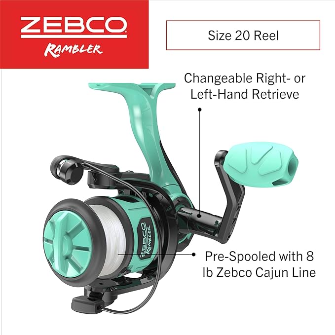 Zebco Rambler Fishing Reel and Rod Combo, Durable Fiberglass Rod with Built-in Carabiner, Patented No-Tangle Reel, Pre-Spooled with 8-Pound Zebco Fishing Line