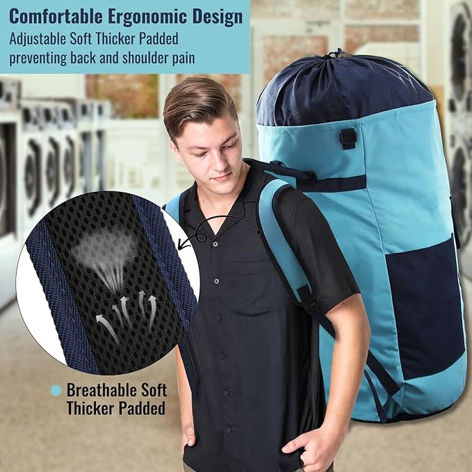 Laundry Bag Backpack, 125L Extra Large Travel Laundry Bags with Shoulder Straps, Adjustable & Extendable Design, Laundry Hamper Bag with 3 Pockets for Laundromat, College, Travel, Camping