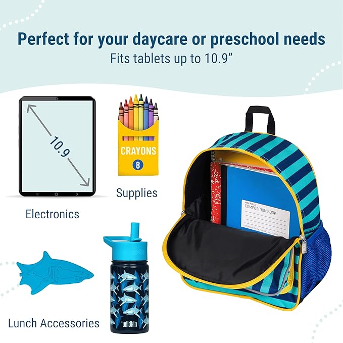 Wildkin 12-inch Kids Backpack – Padded, Adjustable, Ideal for Daycare & Travel - Blue Stripes