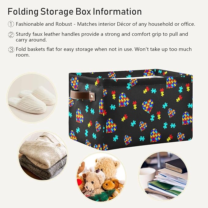 Multicolor Storage Basket Bin Autism Awareness Puzzle Pieces Heart Organizer Collapsible Shelf Cube with Handle for Nursery Bedroom Bathroom