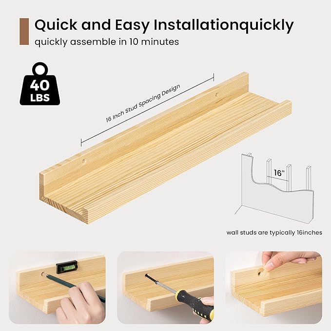 Picture Ledge Shelf, Solid Pine Wood Floating Shelves Set of 4, 16 Inches Nursery Book Shelves for Toys Storage, Kids Bookshelf Wall Mounted for Living Room Decor Photo Frames, Unfinished Natural