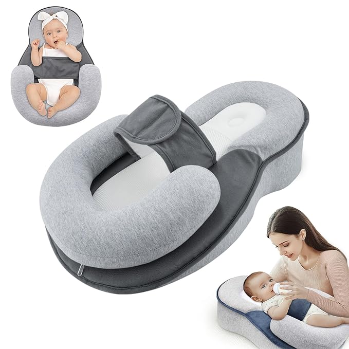 Baby Wedge Pillow for Infant with Safety Strap, Reflux Baby Pillow, Relief & Spit-Up Prevention, Removable Cover for Breastfeeding, Bottle Feeding