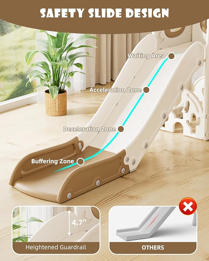 YUFU 12 in 1 Kids Slide for Toddlers, Toddler Slide Playset with Golf, Drawing Board, Climber, Basketball Hoop and Storage Space, Indoor Outdoor Toddler Playground for Kids Age 1-3 (Brown)