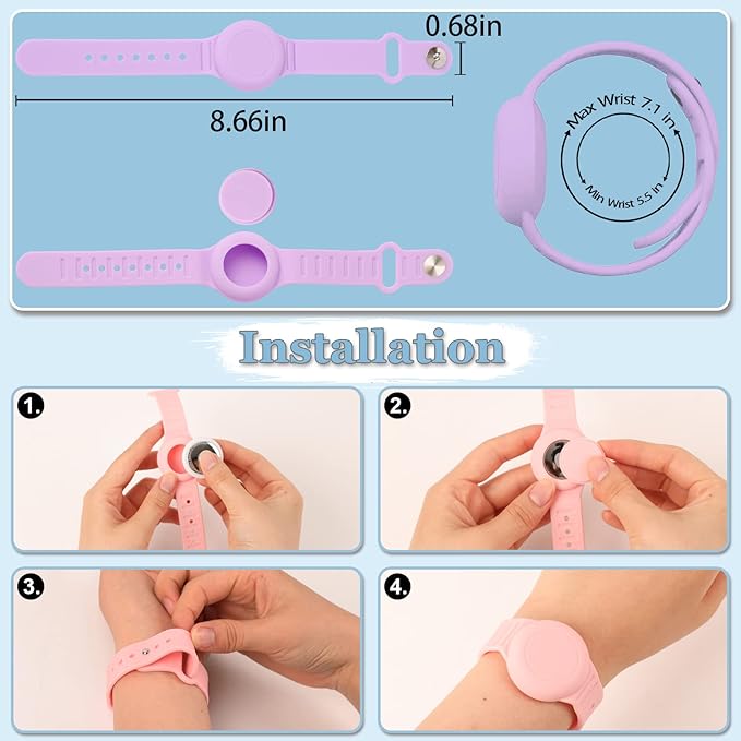 Kids Waterproof Airtag Bracelet Compatible with Apple AirTag, Hidden Silicon Protective Case for Air Tag GPS Tracker Holder, Adjustable Anti-Lost Watch Band for Toddler Child (Green & Purple)