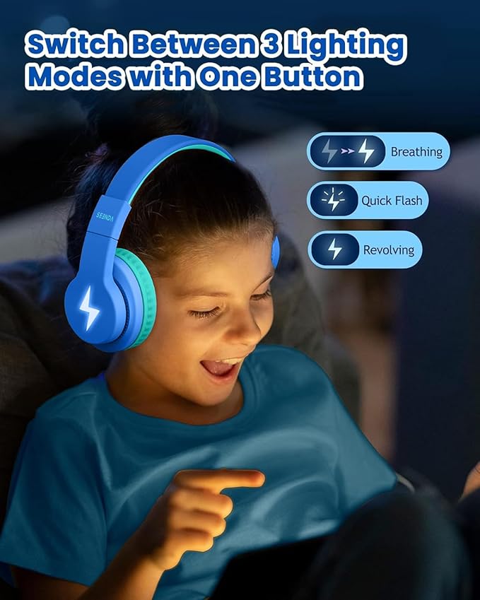 seenda Kids Headphones Wireless, Bluetooth Headphones for Kid with 85/94dB Volume Limit, 45H Play Time, 3 Light Modes, Built-in Mic Headset for Toddler Boy Girl Travel School iPhone iPad Tablet