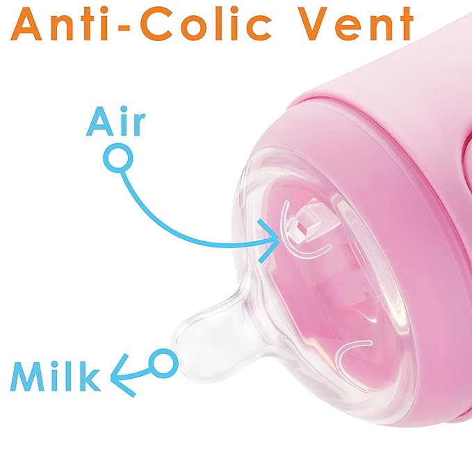 PopYum 9 oz Pink Anti-Colic Formula Making/Mixing/Dispenser Baby Bottles, 2-Pack with #2 Medium Flow Nipples, 260 ml, BPA-Free, Natural Latch