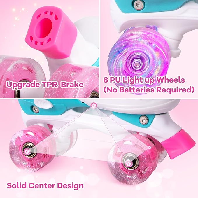 Rainbow Toddler Roller Skates - Size 4 Adjustable | Light Up Quad Skates for Girls & Boys Beginners Aged 3-12