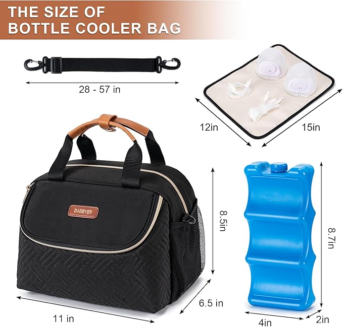 Breastmilk Cooler Bag with Ice Pack Fits 6 Baby Bottles up to 9 Ounce, Wearable Breast Pumps Cooler Bag for Nursing Mom Daycare, Work, Travel- Black
