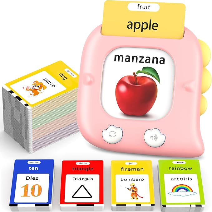 Kidzdo 520 Bilingual Spanish English Talking Flash Cards, Christmas Birthday Gifts for 2 3 4 5 6 Year Old Girls, Montessori Pocket Speech Therapy Toys, Portable Toddlers Toys for Ages 2-6 Kids, Pink