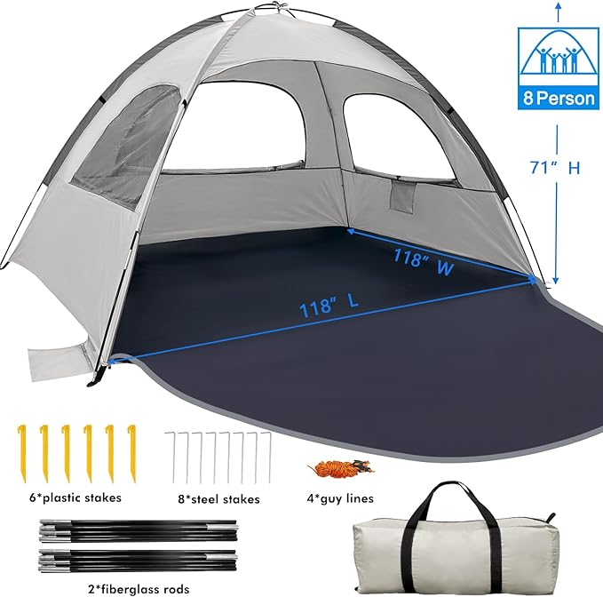 WhiteFang Beach Tent Anti-UV Portable Sun Shade Shelter for 3/4/6/8 Person, Extendable Floor with 3 Ventilating Mesh Windows Plus Carrying Bag, Stakes and Guy Lines