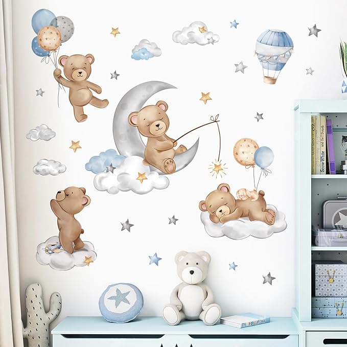 decalmile Bear Sleeping on The Moon Wall Decals Hot Air Balloon Animals Clouds Wall Stickers Baby Nursery Kids Bedroom Playroom Wall Decor