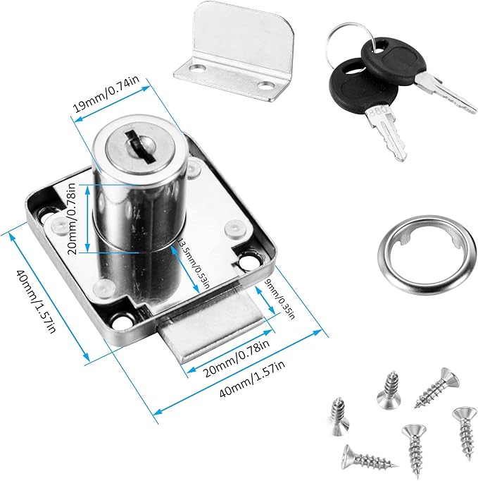 4 Pack Cabinet Drawer Locks with Keys, Keyed Alike Furniture Locker Lock, 3/4" 20mm Cylinder Cam Drawer Locks Chrome-Finish Zinc Alloy, Security cam Drawer Lock for Wardrobe Dresser Mailbox