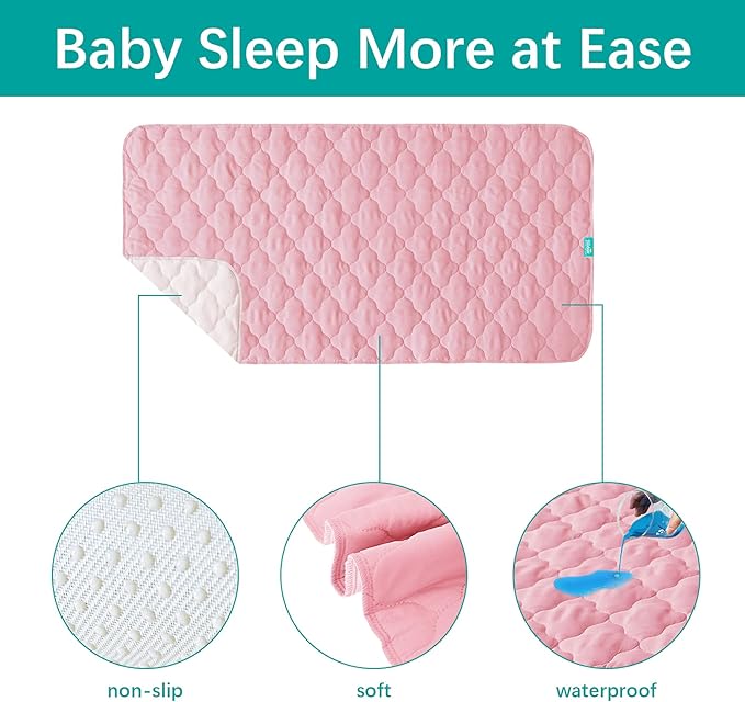 Waterproof Crib Mattress Protector Pad Cover 28" x 52", Anti Slip & Absorbent Waterproof Bed Pads for Standard Crib/Toddler Bed Quilted Machine Washable (Quilted Improved Thickness) Pink