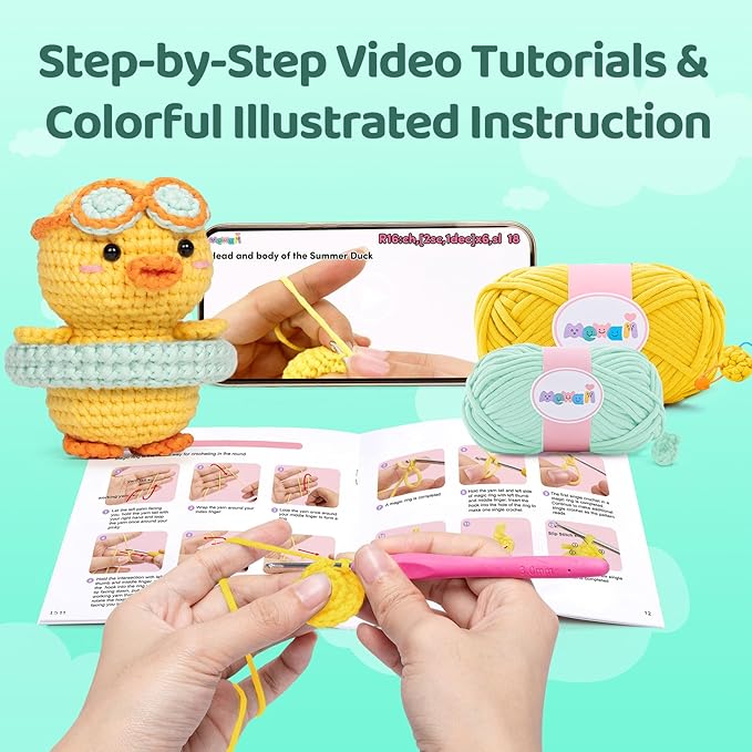 Mewaii Crochet Kit for Beginners Level 2 with 40% Extra Eco-Friendly Pre-Started Easy Yarn, Step-by-Step Video Tutorials for Adults and Kids (Summer Duck)