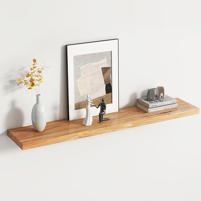 Rustic Elm Wood Floating Shelf for Wall, Flat Edge 48"W x 9.2"D x 1.4"H, 1 Pack with Invisible Bracket, Large Wall Mounted Storage Shelf for Living Room Bedroom Kitchen Bathroom Decor, Natural Finish