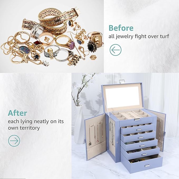 BOOVO Jewelry Box For women, 6 Layer Large Jewelry Organizer With Mirror, Multi-Function Storage Box With Lock, Accessory Holder With 5 Drawers, For Earrings Necklace Ring Bracelet (Purple)