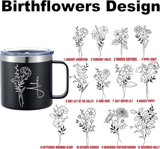 Personalized Mug Cup with Handle 12/14oz Custom Stainless Steel Mugs Customized Name Coffee Tumbler for Women Men Student Family Office Gifts, Birth Flowers