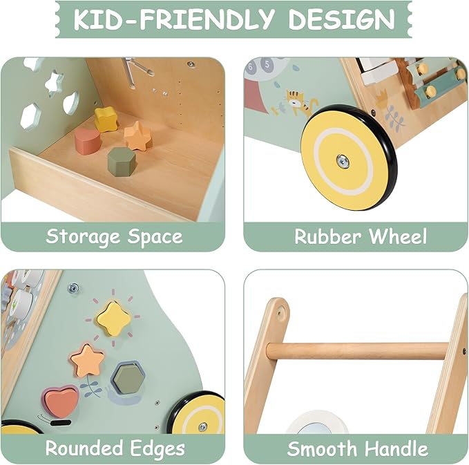 Wooden Baby Walker, Multiple Learning Activities Center Develops Motor Skills for Infant to Toddler, Push and Pull Walkers with Wheel for Boys Girls