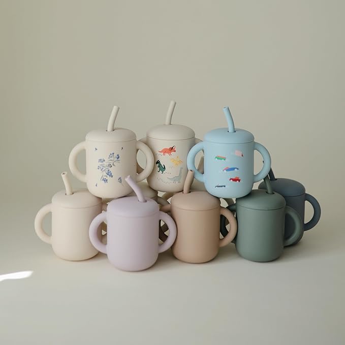 mushie 100% Silicone Training Cup & Straw for Toddlers | 6 Months+ (Dinosaurs)