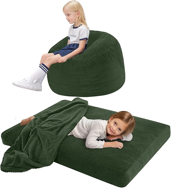 COMAX Kids Bean Bag Chair Turn into Beanbag Bed, Toddler Bean Chair Corduroy for Girl Boy Sleeping, Lazy Children Bean Bags with Filler, Convertible Child Floor Mattress, Dark Green