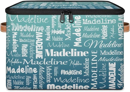 Custom Storage Basket with Name, Personalized Storage Bins with Zipper Lid, Foldable Fabric Storage Box Large capacity with Handle Grey Blue Green