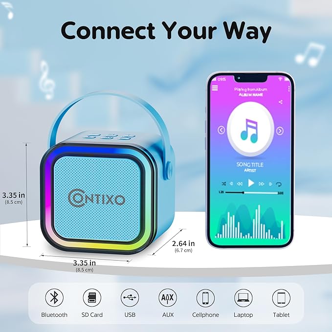 Contixo KS1A Kids Mini Karaoke Machine with LED Lights, 7–10H Playback, Dual Wireless Mics, Magic Voice Effects, Bluetooth Speaker for Children, Portable Singing Toy Gift for Boys & Girls, Blue